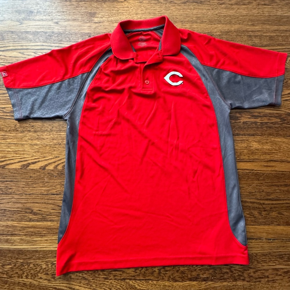 CINCINNATI REDS BASEBALL POLO (Majestic) Red and Gray Polo Shirt with Logo